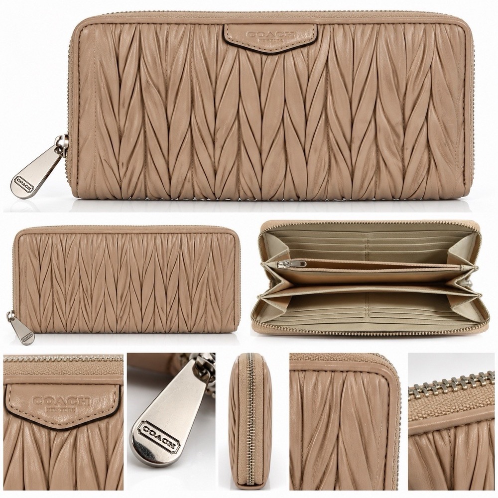 Coach Madison Gathered Leather Accordion Zip Wallet Taupe Tan Pleated 46481